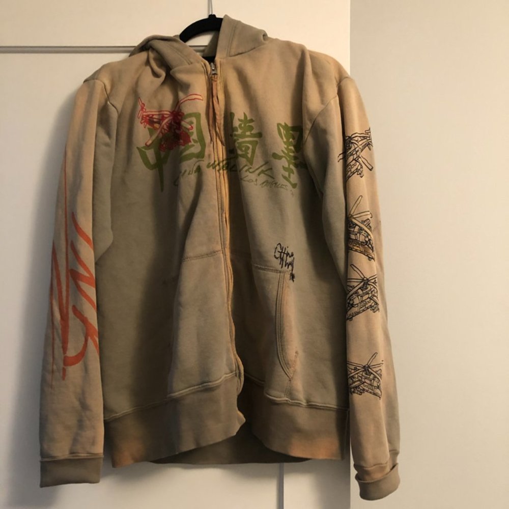 The Great China Wall Beige Zip-Up Hoodie with Green & Orange Graphics